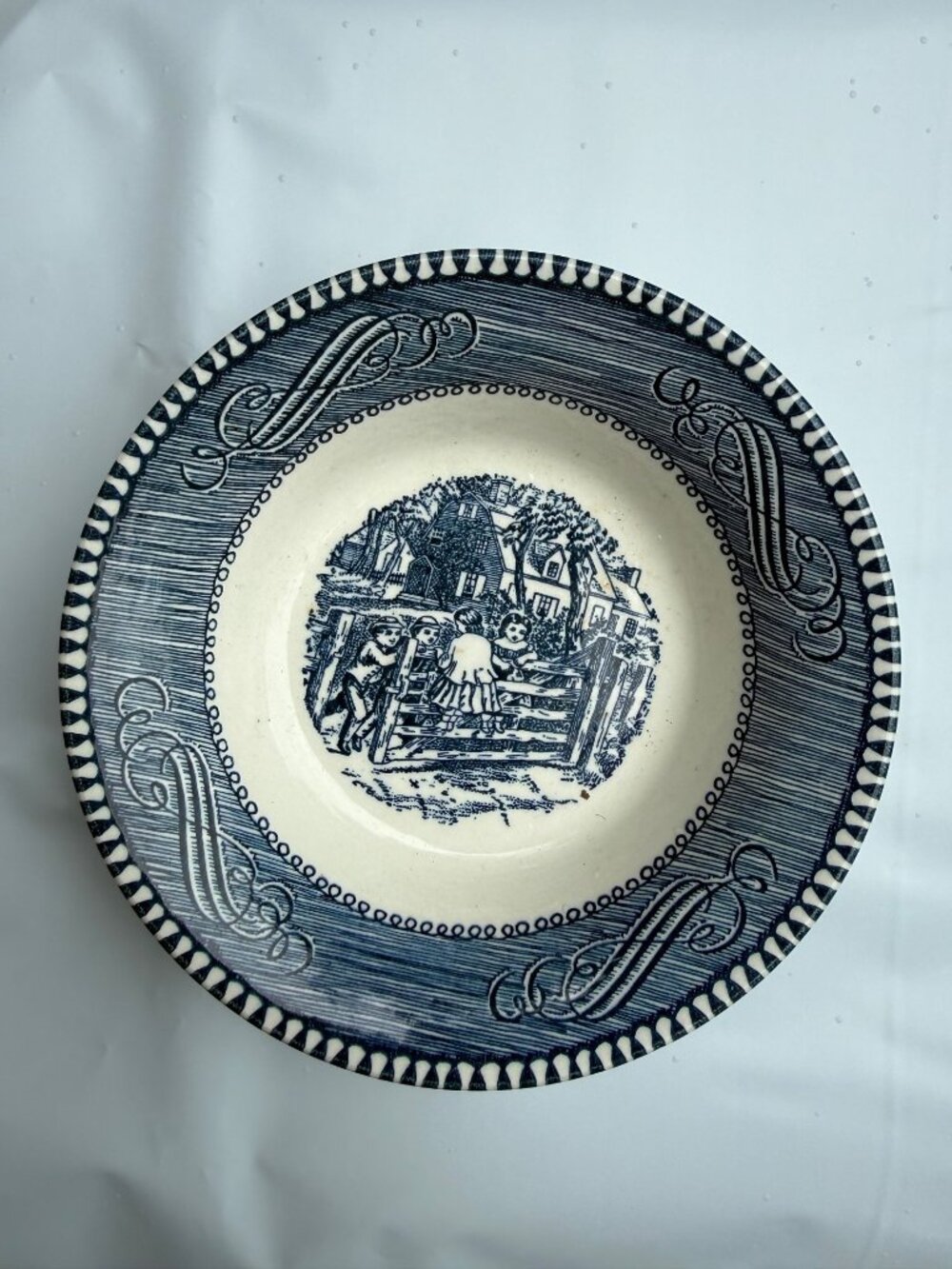 Vintage Currier & Ives Blue White Transferware Bowl Countryside Scene Cottagecor